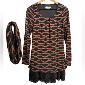 Anthropologie A'reve Black and Brown Long‎ Sleeve Knee Length Dress with Scarf M